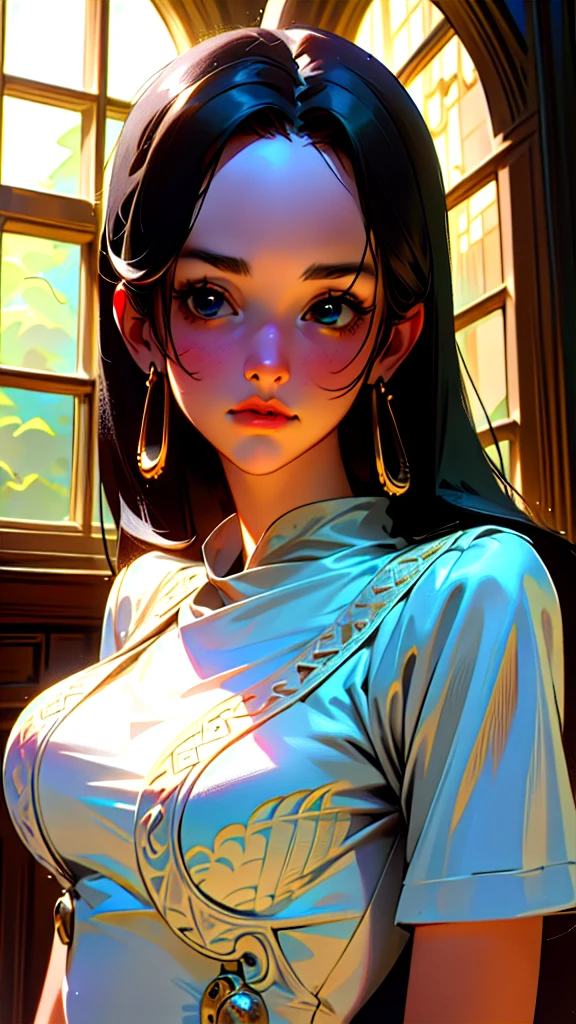 ultra realistic 8k cg, masterpiece, ((ultra detailed background, delicate pattern, intricate detail, highly detailed, fine details best quality, hyperdetailed face)), (photorealistic:1.4), pernas lindas, beautiful lighting, absurdres, RAW photo, film grain, BoaHancockV2, 1girl, solo, black hair, long hair, jewelry, closed mouth, (((medium breasts, slim girl))), (white T-shirt, jeans earrings, black eyes, complex detailed background, inside, castle room environment, medieval castle, gray walls, window, bookshelf), ((close-up, portrait)), 