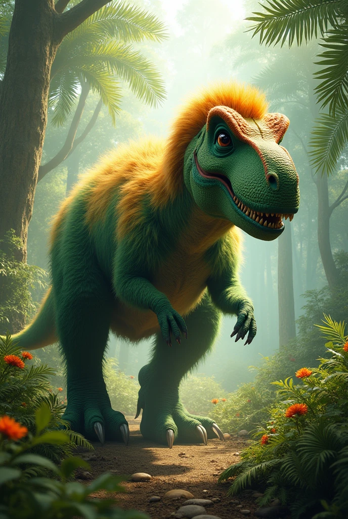 Create for me the image of a dinosaur as if its body were covered in hair