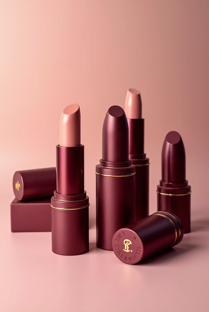 closed makeup products with burgundy matte packaging and gold accents no brand name plain background
