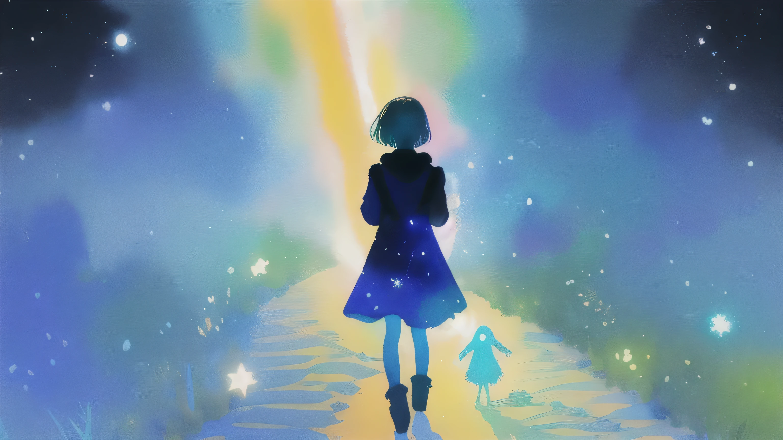 Illustration of a road radiating out from the center on a bright background. The path is narrow at first and gradually widens. A small human silhouette stands at the beginning of the path. Small stars and light particles of various colors are scattered around the path. The overall atmosphere is warm and hopeful. The style is watercolor.