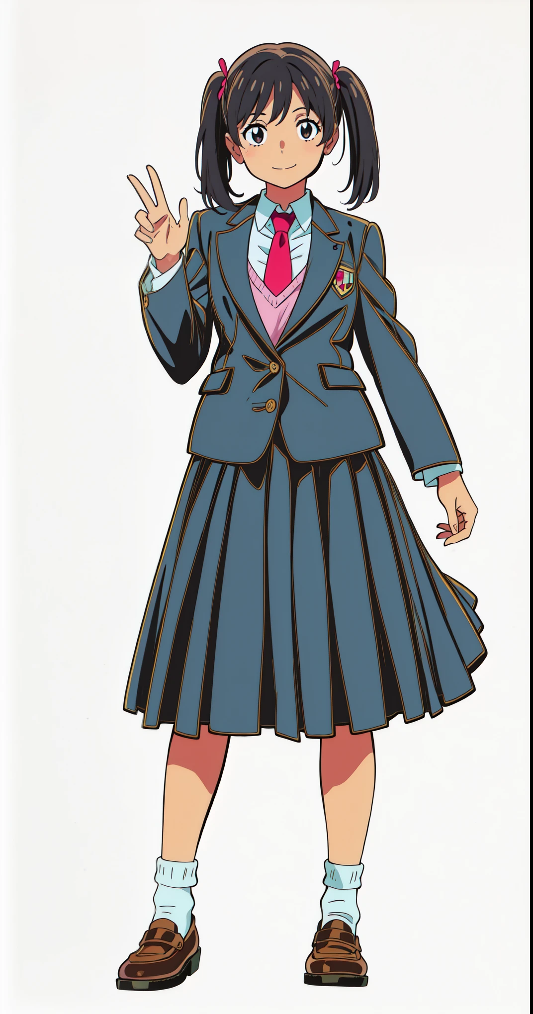 (wind:1.0), (skirt swinging:1.0), (white background:1.0), (best quality:1.0), (masterpiece:1.0), (super fine illustration:1.0), (beautiful artwork:1.0), (anime screencap:1.0), (official art:1.0), (full body:1.0), (solo:1.0), (a 17yo cute girl:1.0), (long skirt:1.0), (dark blue skirt:1.0), (pleated skirt:1.0), (school uniform dark blue blazer:1.0), (red necktie:1.0), (pink knit vest:1.0), (black loafers:1.0), (white socks:1.0), (ideal ratio body proportions:1.0), (lanky:1.0), (tall:1.0), (slender:1.0), (small breasts:1.0), (smaller face:1.0), (smile:1.0), (cheerful:1.0), (detailed beautiful eyes:1.0), (detailed beautiful face:1.0), (glowing black eyes:1.0), (short hair:1.0), (twin tails:1.0), (swept bangs:1.0), (black hair:1.0), (standing:1.0), (looking at viewer:1.25)