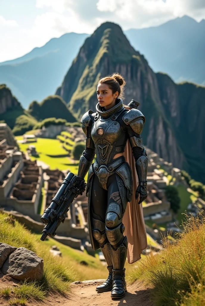 Post-apocalyptic warrior, semi-robotic woman, fighting galactic entities in Machu Picchu