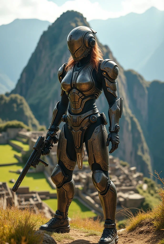 Post-apocalyptic warrior, semi-robotic woman, fighting galactic entities in Machu Picchu 