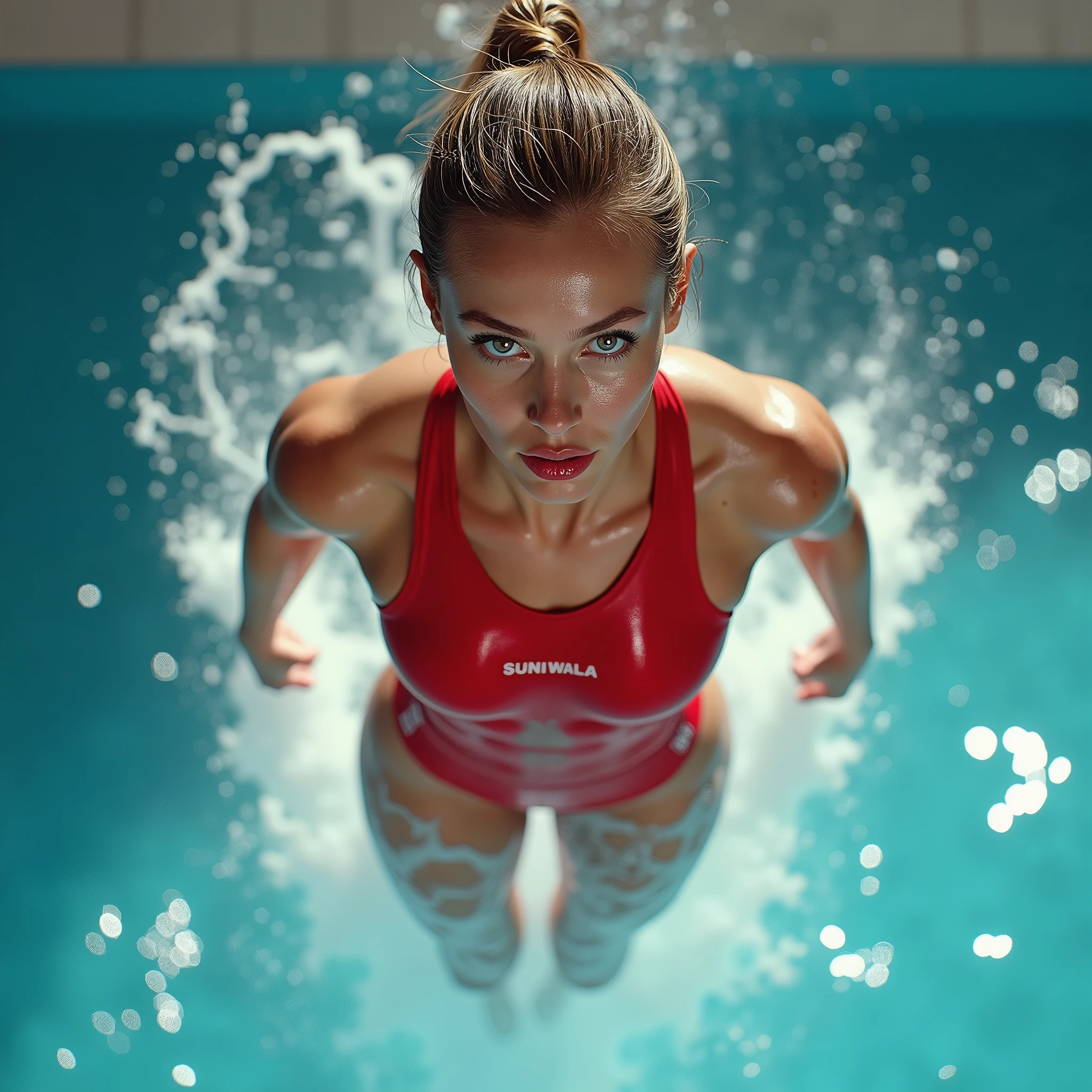 skin-tight Red swimsuit,((Head Down position)), (realistic high diving female athlete), 10m diving platform, beautiful Reflective eyes, beautiful detailed lips, extremely detailed face, elegant diving pose, graceful movements, splashing water, sunlight reflecting on water surface, dramatic lighting, cinematic composition, vibrant colors, photorealistic, (best quality,4k,8k,highres,masterpiece:1.2),ultra-detailed,(realistic,photorealistic,photo-realistic:1.37),HDR,UHD,studio lighting,ultra-fine art,sharp focus,physically-based rendering,extreme detail description,professional,bright colors,bokeh, Motion blur 