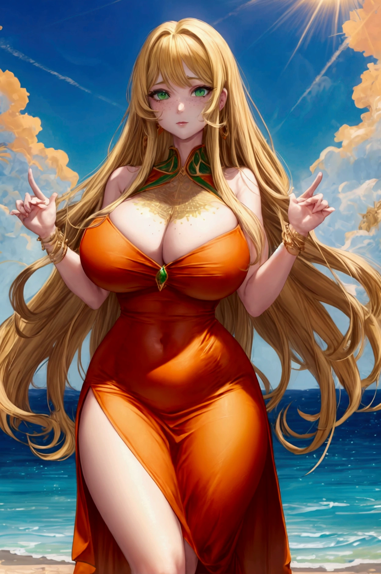 ((best quality)) ((masterpiece)) human, 1woman, ((confident facial expression)), huge_breasts, solo, long_hair, ((1green eyes)), ((light_blonde_hair)), ((seductive face)), looking_at_viewer, massive_breasts, wide_hips, freckles, gold_trim, very_long_hair, gold_jewelry, bangs, ((orange dress)), ((warm bright sun)), ((standing with poise)), beautiful_scenery_background, ((perfect fingers))