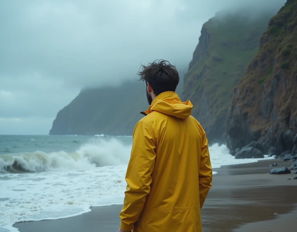 A man with a yellow raincoat on a beach