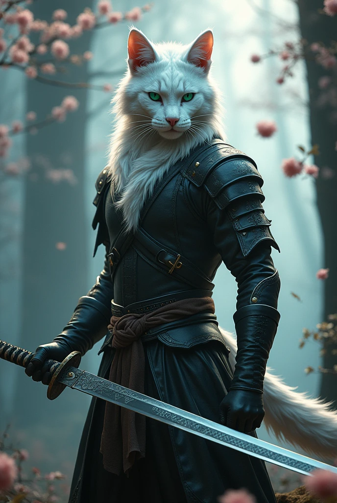 a humanoid white feline wielding a katana called uchigatana, He is wearing black leather armor rpg