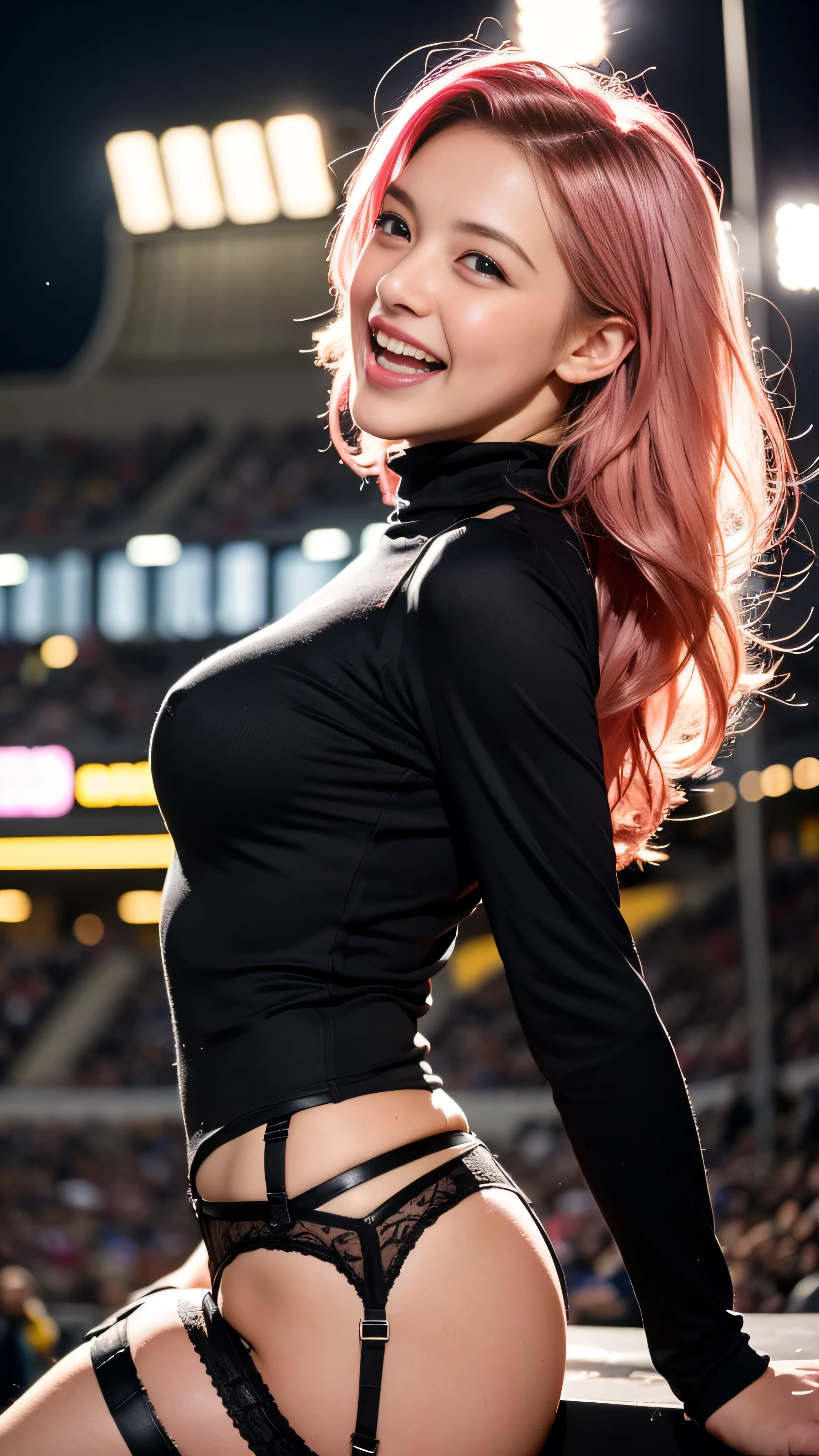 { 1 girl, young funk rock star, ((singing)) for concert, ((stadium)), night time, ((crowds)), (squeeze breasts), (((low angle))), (cowboy shot:0) }, { (masterpiece:1.4), (absurd resolution:1.6), (best quality:1.4), (photo realistic:1.8), (Luminous lighting:0), (Chiaroscuro:0), ((spotlight)) }, { ((young, cute, 20 years old)), (blushed:1.3),(open mouth),(weeping:0),(laughing:1.2),(excited:1.4), ((wet, soaked)), ((oily shiny skin)),(slender body),(big breasts),perky nipples,((big pelvis)),((tight muscles)),((tight abs)), ((bright red and blue color hair)),((side swept extremely long hair)),((windy)) }, { ((see through)) black and white skin-tight costume, ((under boob, turtleneck)), (((see-through black panty, black stocking, pink garter belt))) }