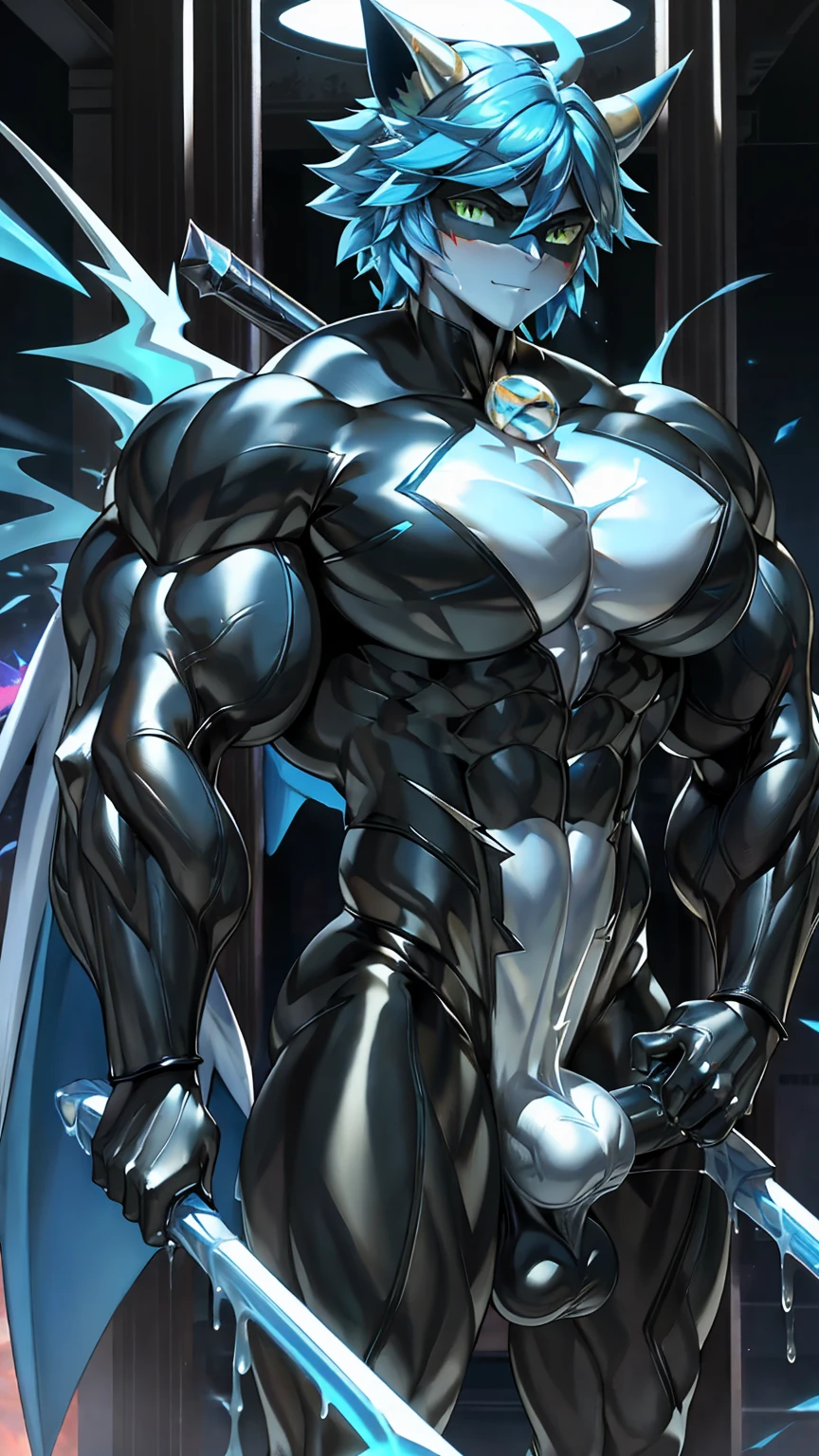 Huge muscles,Devilish wings,Devilish horns,Clear liquid dripping from penis,black costume,Huge erect penis,Ready your weapon,An angel cloaked in evil aura,The color of the face is Caucasian skin tone.,A suit with white and blue lightning bolt lines,Blue black hair with bright blue streaks