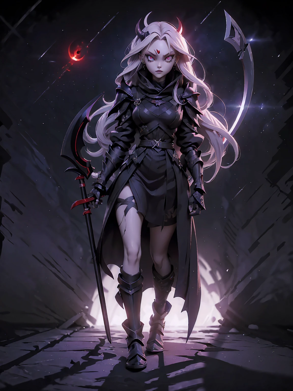  (((Masterpiece, best quality, 16k))) female character with long white hair and piercing red eyes. She wears a demonic armor in purple, black, and white.  wields a large, stylized scythe. The character has a menacing expression, with a chaotic environment as the background. ((full body front view)). ((slender)), (extremely detailed:1.5), (long white hair:1.2), (piercing red eyes:1.2), (chaotic environment:1.1), (demonic armor:1.3), (stylized scythe:1.3).