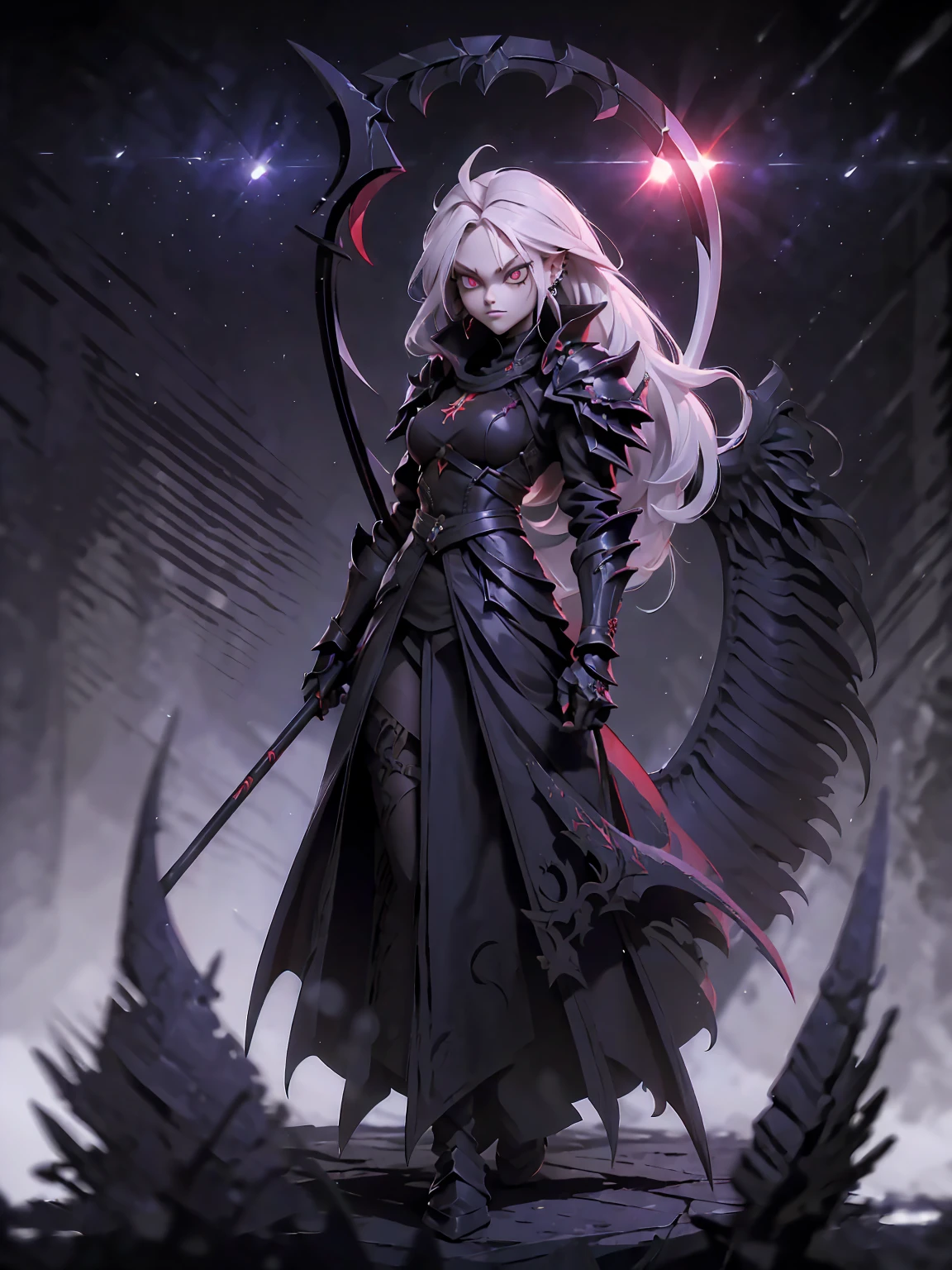  (((Masterpiece, best quality, 16k))) female character with long white hair and piercing red eyes. She wears a demonic armor in purple, black, and white.  wields a large, stylized scythe. The character has a menacing expression, with a chaotic environment as the background. ((full body front view)). ((slender)), (extremely detailed:1.5), (long white hair:1.2), (piercing red eyes:1.2), (chaotic environment:1.1), (demonic armor:1.3), (stylized scythe:1.3).