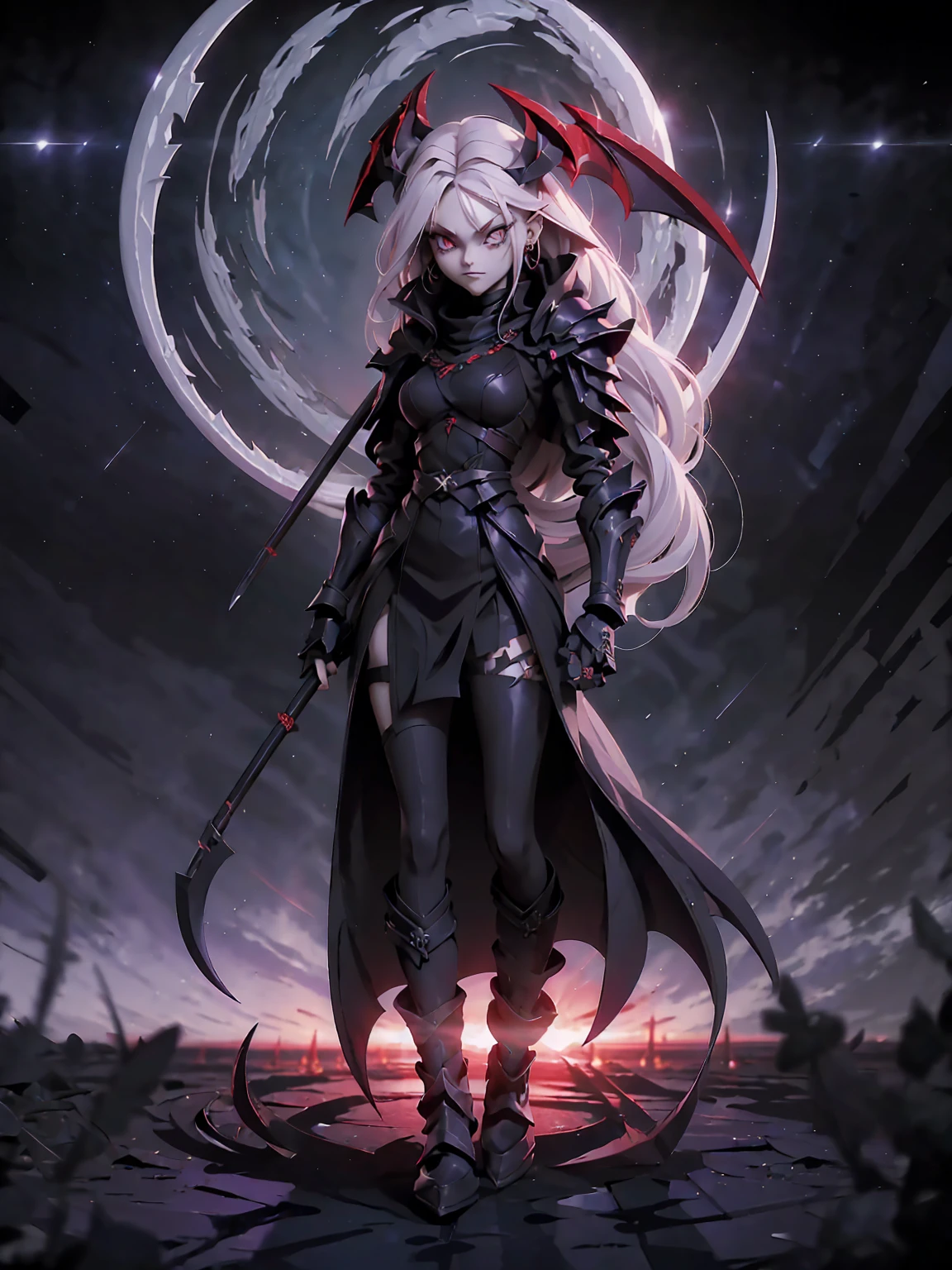  (((Masterpiece, best quality, 16k))) female character with long white hair and piercing red eyes. She wears a demonic armor in purple, black, and white.  wields a large, stylized scythe. The character has a menacing expression, with a chaotic environment as the background. ((full body front view)). ((slender)), (extremely detailed:1.5), (long white hair:1.2), (piercing red eyes:1.2), (chaotic environment:1.1), (demonic armor:1.3), (stylized scythe:1.3).
