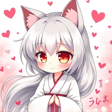 One Woman,Gray Hair,Cat ear,((Chibi Character)) Heterochromia iridis,Eye color,red,White kimono,Star Iris Background(Heart Background,Lots of hearts,pink,Watercolor style) smile,cute,Enter text in the lower right corner of the fantasy image,A very popular font,(((助かる)))