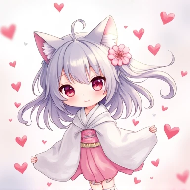 One Woman,Gray Hair,Cat ear,((Chibi Character)) Heterochromia iridis,Eye color,red,White kimono,Star Iris Background(Heart Background,Lots of hearts,pink,Watercolor style) smile,cute,Enter text in the lower right corner of the fantasy image,A very popular font,(((助かる)))