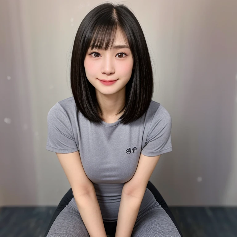 (kawaii 18 year-old Japanese girl, Nogizaka idol, Korean idol), healthy female athlete body, (glossy black hair, short hair, pixie cut, bangs:1.3), (rounded face, pure black eyes, single eyelid, no makeup, soft smile:1.2), (wearing training shirt, grey sports leggings:1.3), extra small breasts, (slim waist, thigh gap:0.9), BREAK, (plain white background:1.3), (looking at viewer, cowboy shot, thigh focus:1.2), view from above, BREAK, (masterpiece, best quality, photo realistic, official art:1.4), (UHD, 8K quality wallpaper, high resolution, raw photo, golden ratio:1.3), (shiny skin), professional lighting, physically based rendering, award winning, (highly detailed skin, extremely detailed face and eyes, anatomically correct body), Carl Zeiss 85 mm F/1.4, depth of field, 1girl, solo,