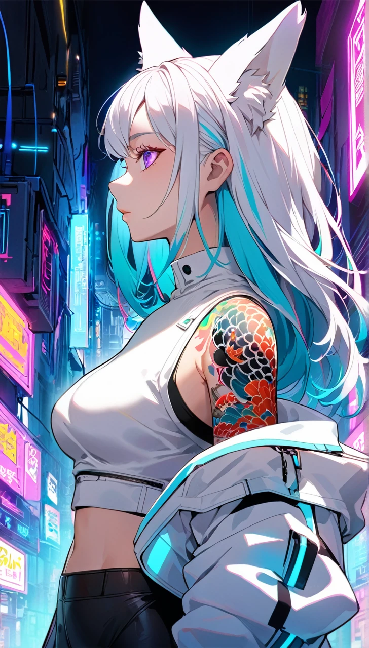 1woman, long white hair with pink and cyan tips,Muticolored hair, fox ears, purple eyes, wearing a white coat,wearing black leggings, wearing white undershirt, tattoos on arms,  colorful japanese koi tattoos, showing body,medium breasts, cyberpunk, profile picture perspective, neon, loose hair, waist up perspective