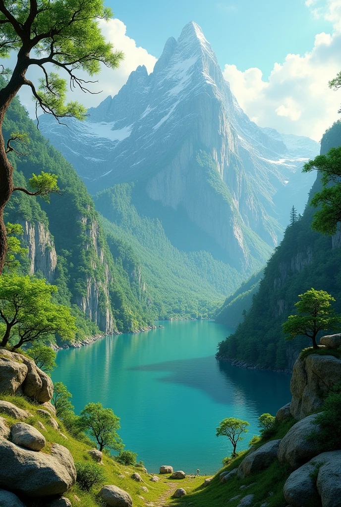 An exquisitely crafted masterpiece of digital art, this highly detailed landscape captures the breathtaking beauty of a tranquil valley. The award-winning image showcases a vibrant and immersive scenery, meticulously rendered with the finest quality and utmost precision. With its stunning 4K resolution, this captivating artwork transports viewers to a world where nature reigns supreme.
The scene unfolds before our eyes, revealing a picturesque valley adorned with an emerald lake nestled amidst a lush forest. The majestic mountains that guard the valley rise gracefully, their peaks reaching for the heavens. The verdant canopy of trees, ethereal and twisted, adds an otherworldly charm to the landscape, as if plucked straight from a fairy tale.
The diorama-like macro photography showcases every minute detail with