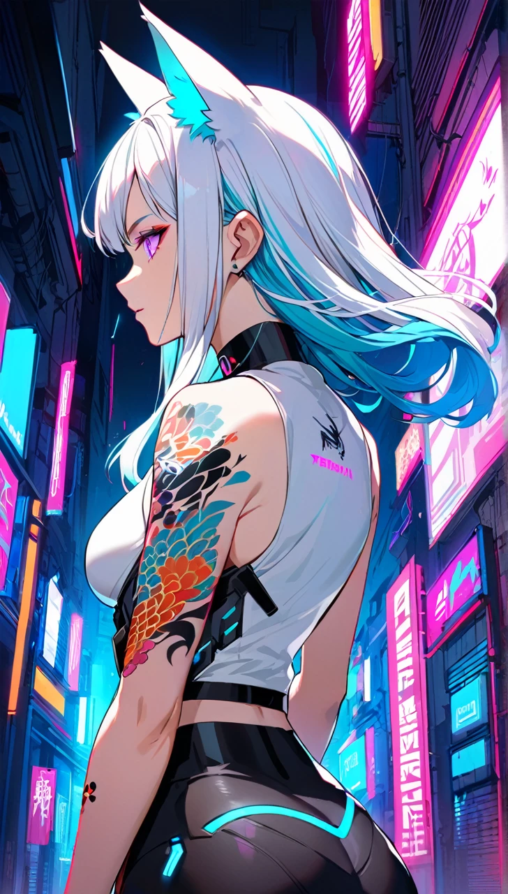 1woman, long white hair with pink and cyan tips,Muticolored hair, fox ears, purple eyes, wearing a white coat,wearing black leggings, wearing white undershirt, tattoos on arms,  colorful japanese koi tattoos, showing body,medium breasts, cyberpunk, profile picture perspective, neon, loose hair, waist up perspective