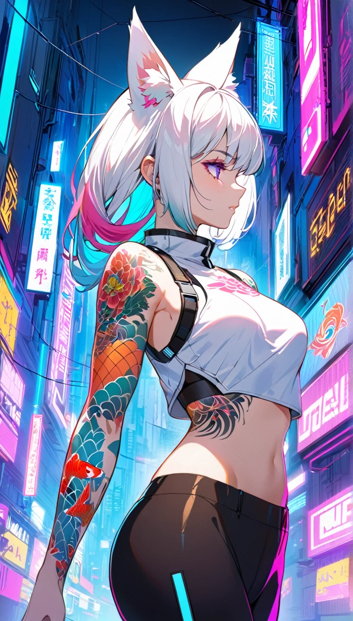 1woman, long white hair with pink and cyan tips,Muticolored hair, fox ears, purple eyes, wearing a white coat,wearing black leggings, wearing white undershirt, tattoos on arms,  colorful japanese koi tattoos, showing body,medium breasts, cyberpunk, profile picture perspective, neon, loose hair, waist up perspective