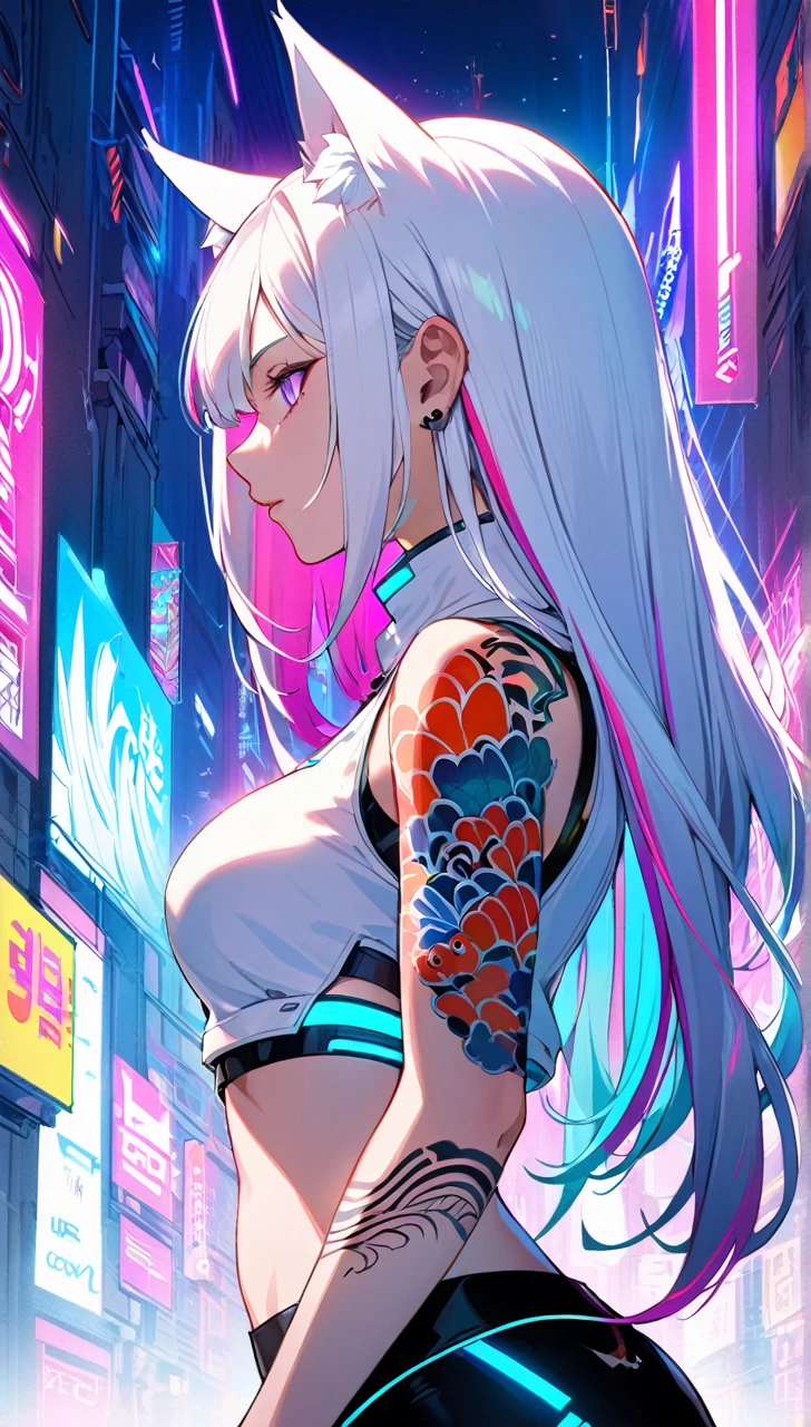 1woman, long white hair with pink and cyan tips,Muticolored hair, fox ears, purple eyes, wearing a white coat, wearing black pants, wearing white undershirt, tattoos on arms, colorful Japanese koi tattoos, showing body, medium breasts, cyberpunk, profile picture perspective, neon, loose hair, waist up perspective