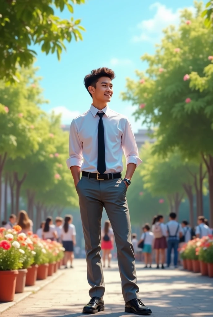 male student with a long-sleeved shirt looking to the side with a smile, with hands at his sides, black tie, Gray pants, black shoes and standing in a schoolyard in hd