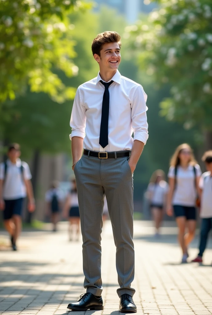 male student with a long-sleeved shirt looking to the side with a smile, with hands at his sides, black tie, Gray pants, black shoes and standing in a schoolyard in hd