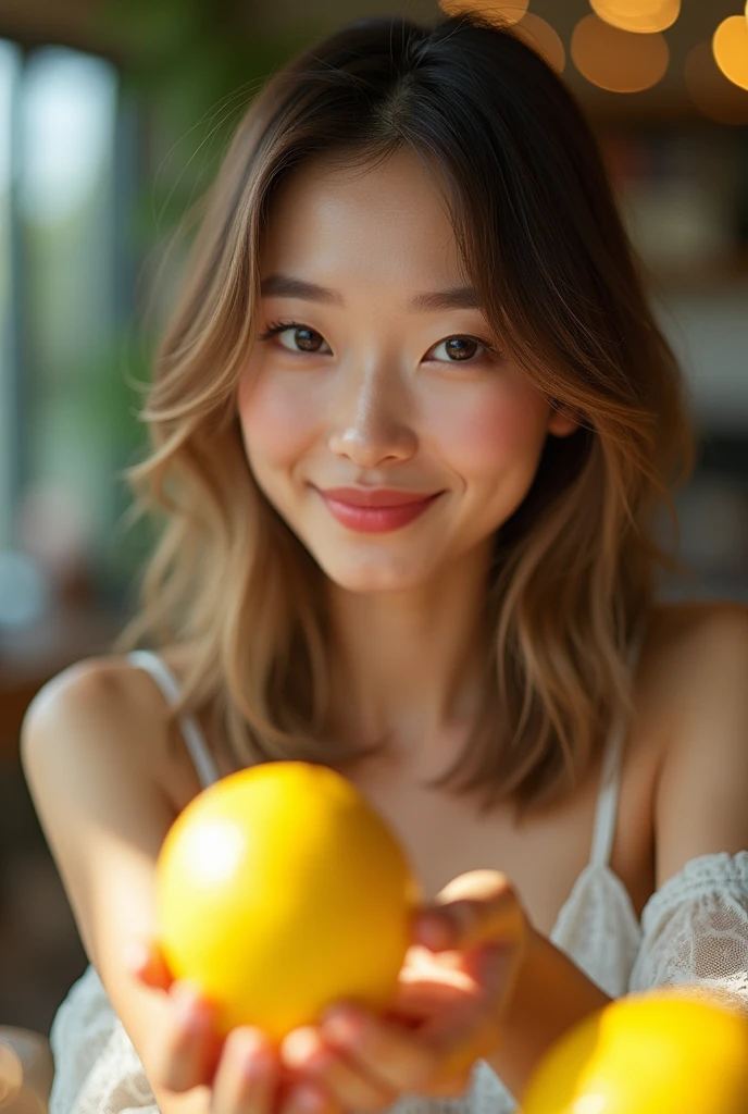 masterpiece、Highest quality、High resolution、Tabletop、wallpaper、Realistic、Bright lighting、Professional Lighting、Face Light、Smooth lighting、Japanese women、Adult、Beautiful woman、action、gravure、sexy、poor、so beautiful、Beautiful Skin、Beautiful and detailed、Detailed face、slim、moderately、Medium Long Hair、Straight Hair、Light brown hair、Brunette Hair、Brown eyes、Looking into the camera、I have a lemon