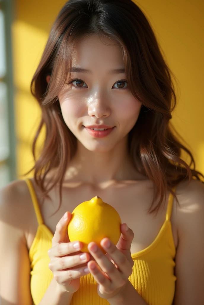 masterpiece、Highest quality、High resolution、Tabletop、wallpaper、Realistic、Bright lighting、Professional Lighting、Face Light、Smooth lighting、Japanese women、Adult、Beautiful woman、action、gravure、sexy、poor、so beautiful、Beautiful Skin、Beautiful and detailed、Detailed face、slim、moderately、Medium Long Hair、Straight Hair、Light brown hair、Brunette Hair、Brown eyes、Looking into the camera、I have a lemon
