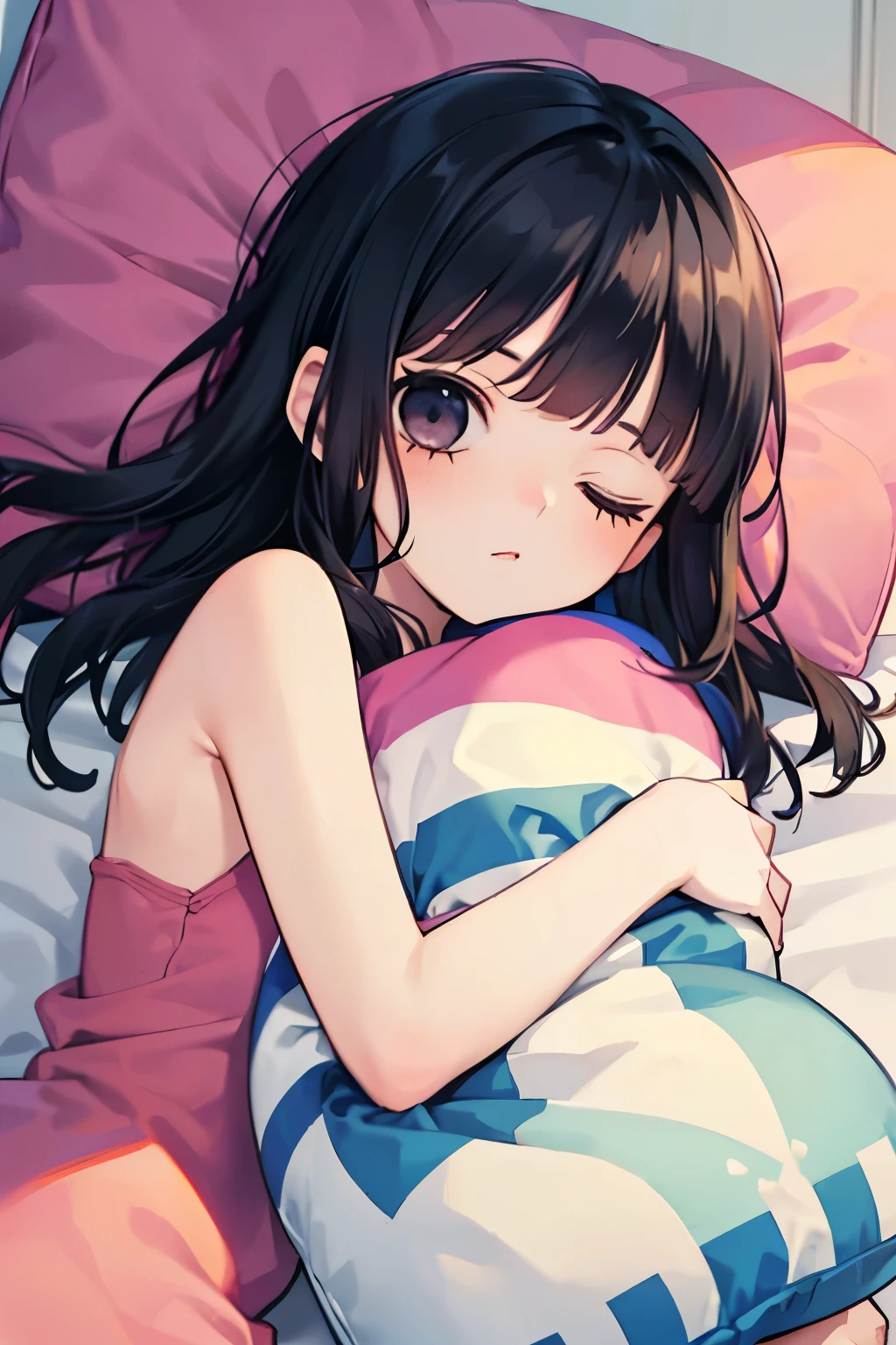 beautiful cute girl,((black hair:1.2)),(Medium wave hair:1.1),(sleeping with eyes closed:1.25),(Room wear:1.2),(lying on the bed:1.2),(hugging a pillow:1.25),close-up Face