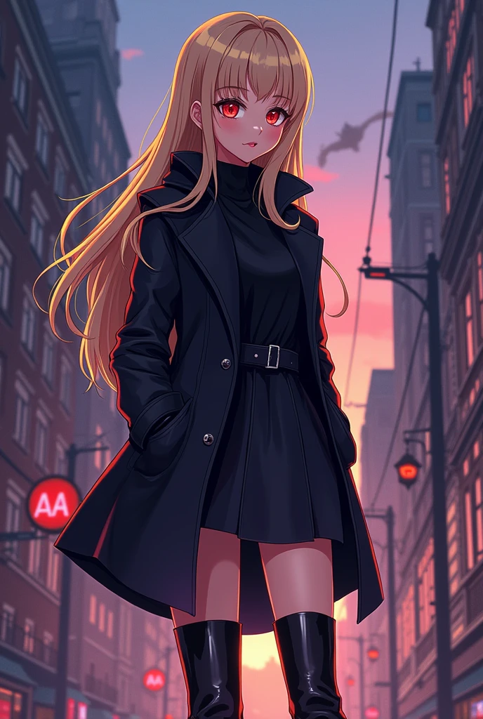 a cartoon image of a woman in a black coat and boots, vector art by Ei-Q, pixiv, shin hanga, full_body!!, !!full body portrait!!, full body!!, anime moe artstyle, gapmoe yandere grimdark, full body!, anime vtuber full body model Beige hair