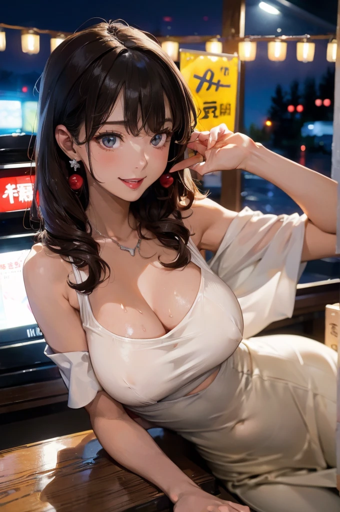 ((midnight, need, 8k, masterpiece:1.3)), Leg length, focus:1.2, Full of body，Beautiful woman with perfect body:1.4,((Dark brown hair, Huge tits:1.2 )), (low cut，深Vbig breasts,), (())，Highly detailed face and skin textures, There are a lot of people，Delicate of eyes, double eyelids，big eyes，Lovely ofBig breasts，age Girls，big breasts，Smile，Larger of breasts, curls，，sweating，red lips，big breasts围，Huge tits，wear earrings，Noble beauty，Smile，White skin，热of，Big breasts are very attractive，necklace，Raised sexy，of，stage，huge cleavage，a lot of hair，Japanese beauty，long black hair，There is a lot of sweat on the body，sweating，Huge breasts，In the supermarket，Crowded of supermarket，A lot of people
