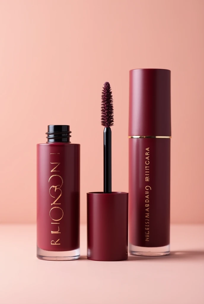closed blush and mascara products with maroon matte packaging and gold accents no brand name plain background
