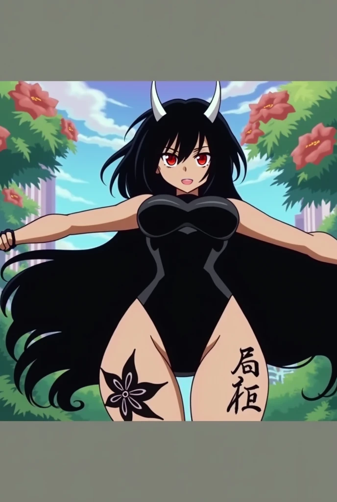 Anime mommy with black hair y2k Tied up and messy in the front and white horns and sexy bodysuit, with red eyes And a naughty face, Put a large black butterfly tattoo on one thigh and Japanese letters on the other, put elbow-length gloves on both arms 