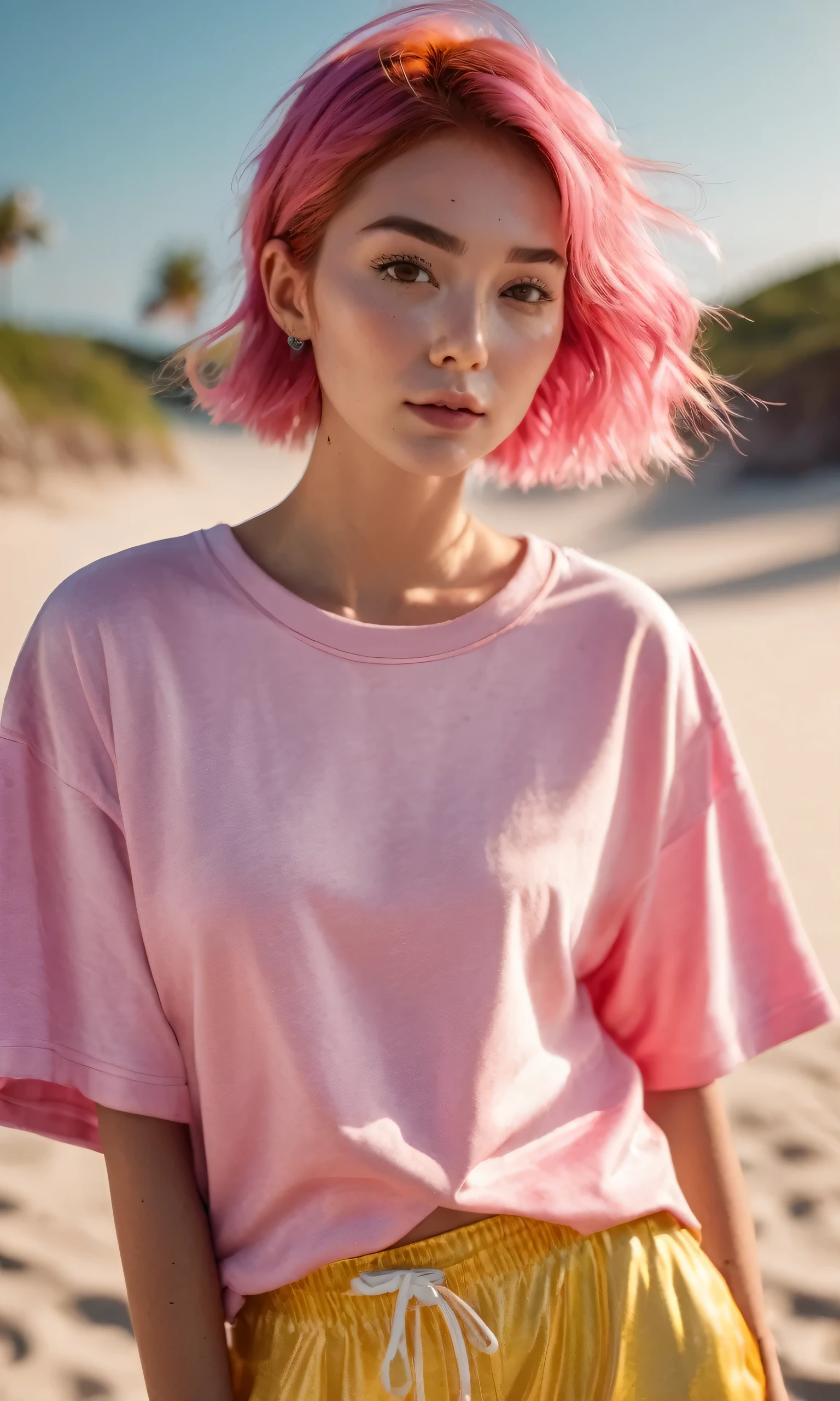 (masterpiece,best quality, ultra realistic,32k,RAW photo,detail skin, 8k uhd, dslr,high quality, film grain:1.1), short hair , pink hair hair:1.1,portrait,lady, brown eyes, DayGlo yellow Pajama pants and oversized t-shirt, freckles, (Rust gradient background,led light, edge light, simple background)beach