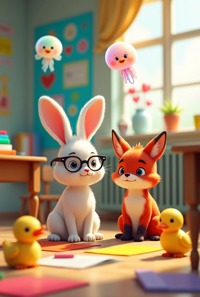 a rabbit next to a fox, a duck and a jellyfish together side by side with a cute style in a school setting