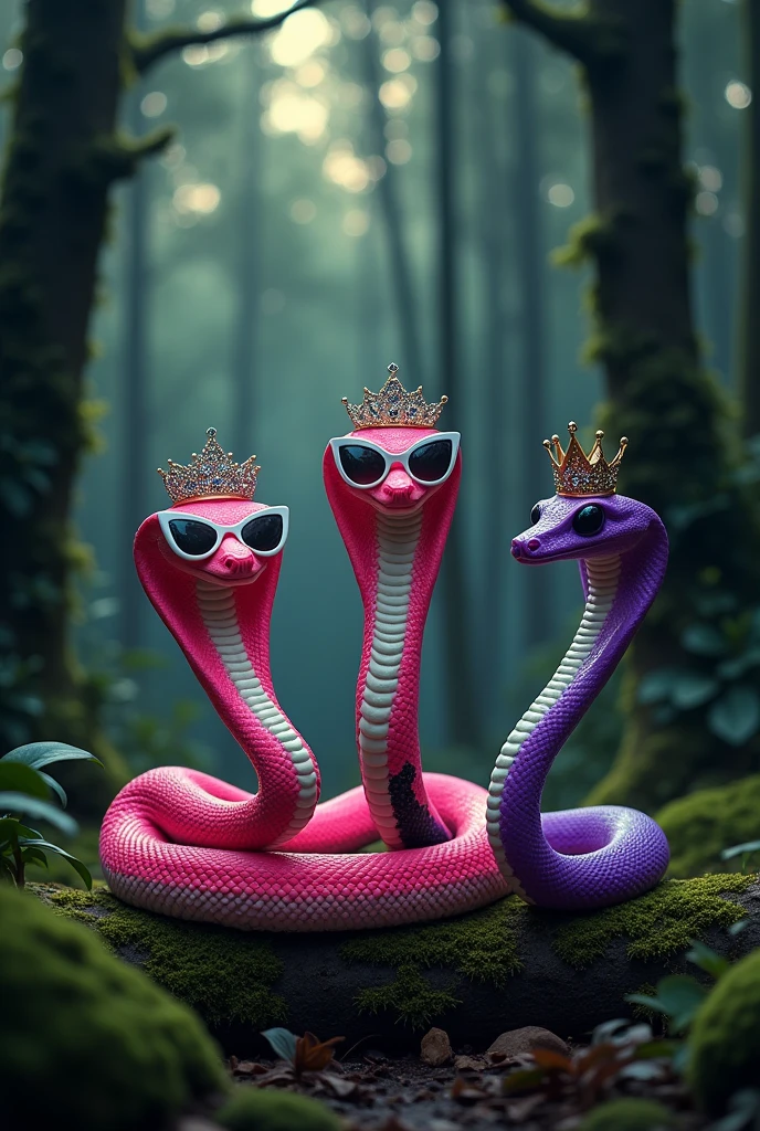 three boa constrictor, like LOLA BOA from Brandy & Mr. Whisker, together like Regina, Karen and Gretchen from MEAN GIRLS.

One boa neon pink with a princess tiara. 

the other boa red white and black with white gold neorave sunglasses.

the other boa deep bright purple with a queen crown.

All Together in a black forest.