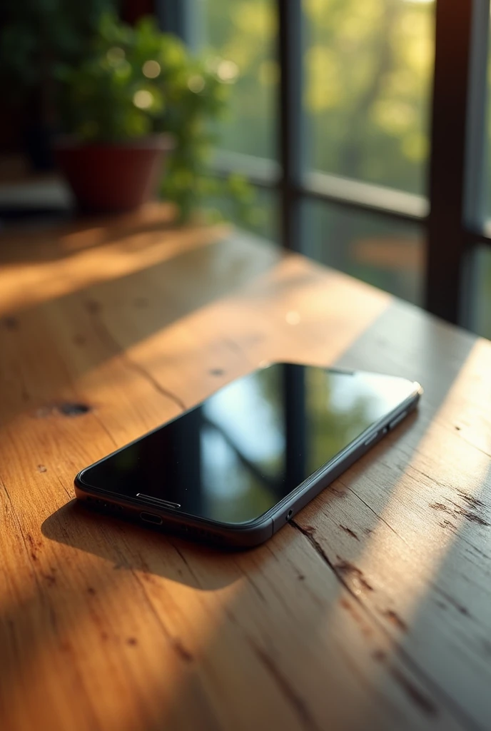 Cell phone screen on a wooden table