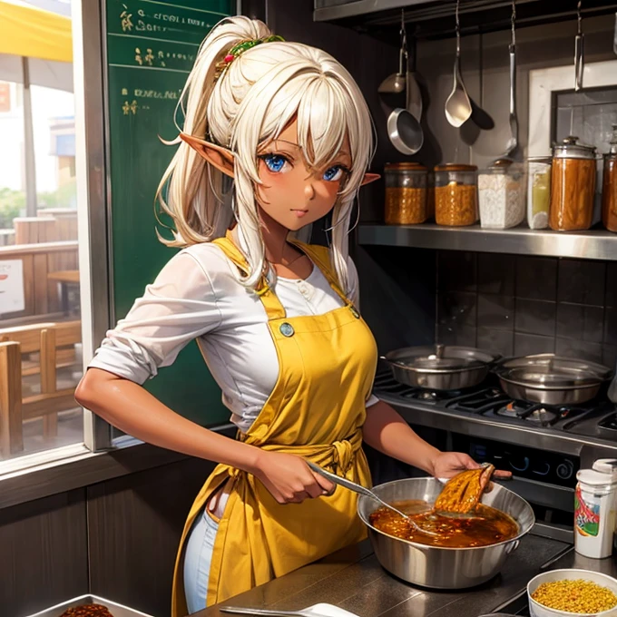 An elf girl with brown skin making curry at a food stall.