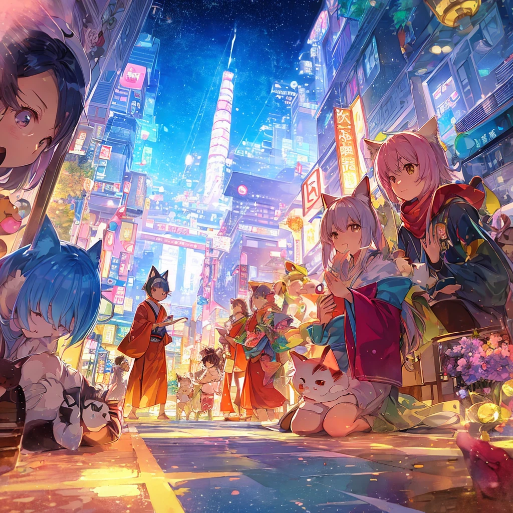 Transparent watercolor style,Anime Style,Cat guardians and their subordinates who came from another world to invade Earth,Cuteて天然なキャラクターの猫たち,shoot a beam from the mouth,Cute cat paw pads,The boss cat is meditating in the air,Setting where they suddenly came from another world,Scenes in a crowded place with cars and people in downtown Tokyo,Overall a slightly anime-style,Characters are human-like、Cute、Loved funny atmosphere,Overpainting,Gradation,Sputtering,4K