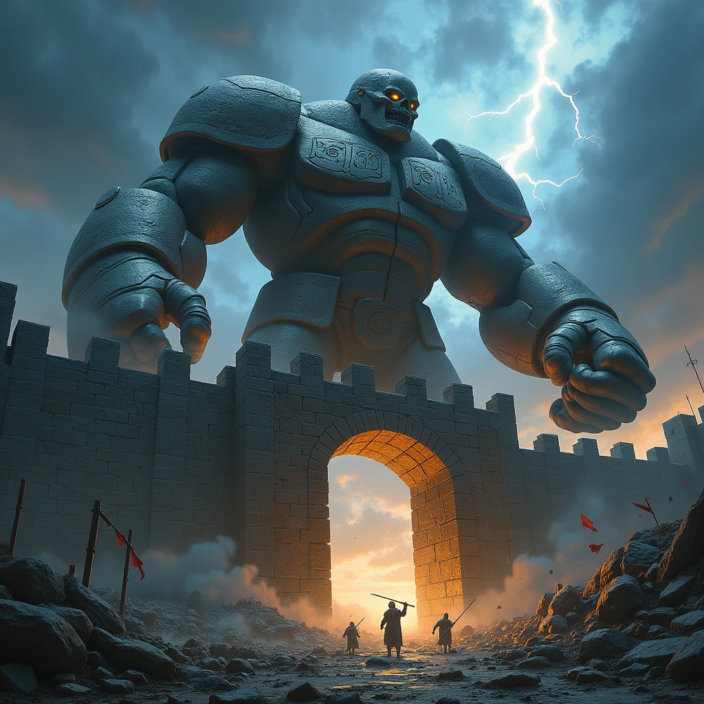 A giant golem destroying a castle gate、Dungeons&Dragons
