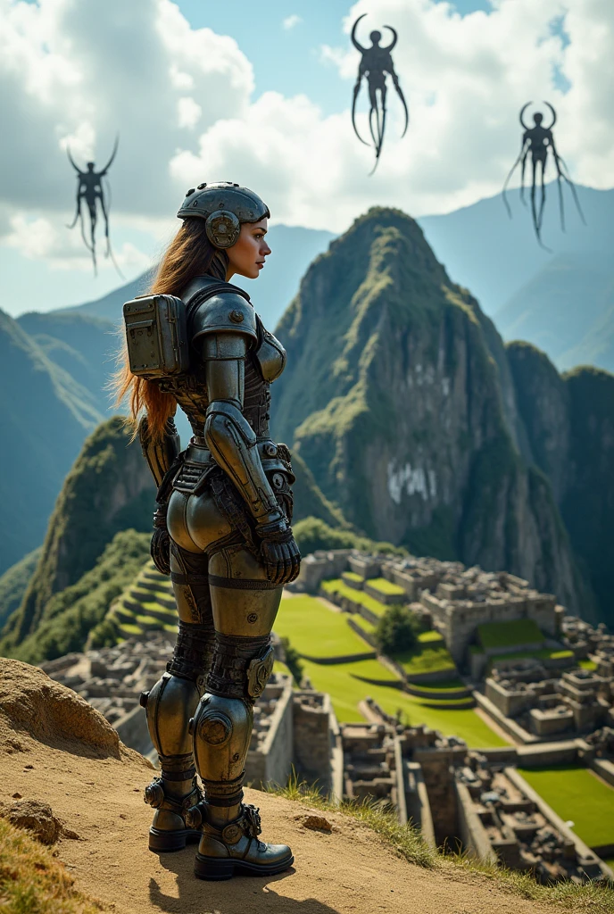 Post-apocalyptic warrior, semi-robotic woman, fighting galactic beings in Machu Picchu