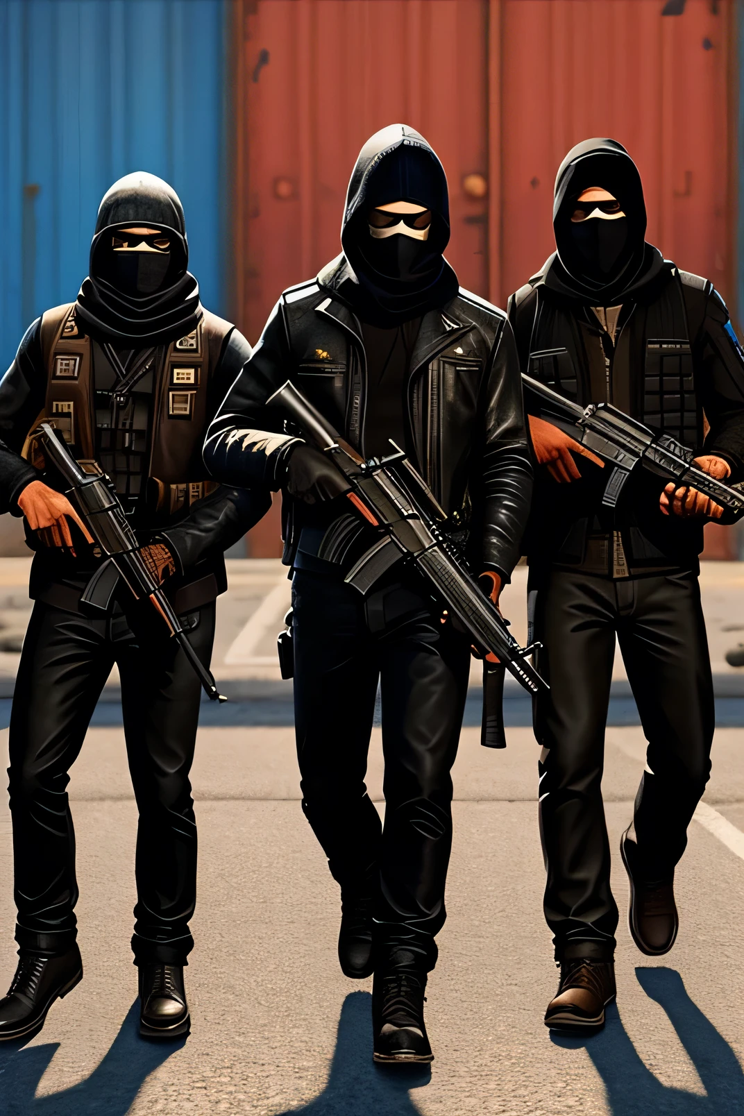 3 Bandits with black balaclava holding an AK47 ,GTA 5 style art