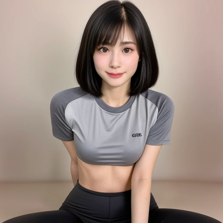 (kawaii 18 year-old Japanese girl, Nogizaka idol, Korean idol), healthy female athlete body, (glossy black hair, short hair, pixie cut, bangs:1.3), (rounded face, pure black eyes, single eyelid, no makeup, soft smile:1.2), (wearing training shirt, grey sports leggings:1.3), extra small breasts, (slim waist, thigh gap:0.9), BREAK, (plain white background:1.3), (looking at viewer, cowboy shot, thigh focus:1.2), view from above, BREAK, (masterpiece, best quality, photo realistic, official art:1.4), (UHD, 8K quality wallpaper, high resolution, raw photo, golden ratio:1.3), (shiny skin), professional lighting, physically based rendering, award winning, (highly detailed skin, extremely detailed face and eyes, anatomically correct body), Carl Zeiss 85 mm F/1.4, depth of field, 1girl, solo,