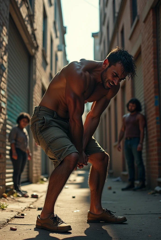 A man getting kicked in the groin and writhing in pain