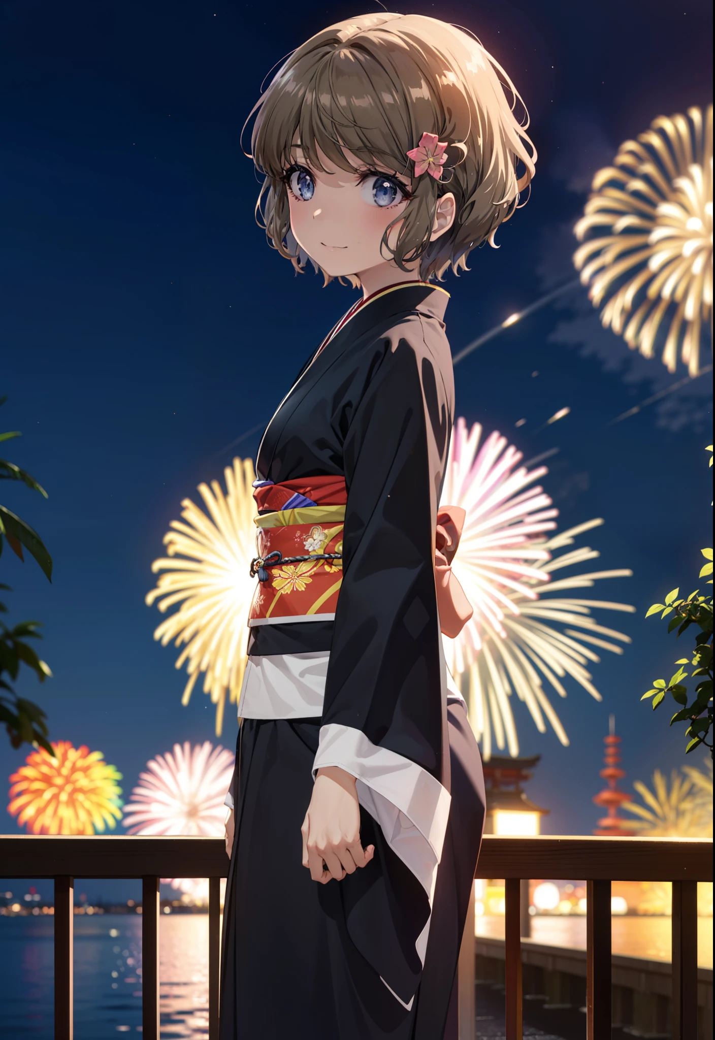tomoekoga, Chie Koga, short hair, Brown Hair, blue eyes, Flower Hair Ornaments,smile,black kimono,Wide sleeves,日本のFestivalり,夏Festivalりの屋台,Red lantern,Fireworks in the night sky,Fireworks、The place is a fireworks display,Time is night,sunny day,turn around,whole bodyがイラストに入るように
break outdoors,Festival ,
break looking at viewer, whole body,(Cowboy Shot:1.5),
break (masterpiece:1.2), Highest quality, High resolution, unity 8k wallpaper, (figure:0.8), (Beautiful attention to detail:1.6), Highly detailed face, Perfect lighting, Highly detailed CG, (Perfect hands, Perfect Anatomy),