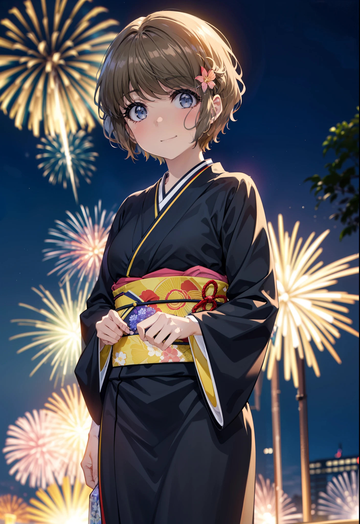 tomoekoga, Chie Koga, short hair, Brown Hair, blue eyes, Flower Hair Ornaments,smile,black kimono,Wide sleeves,日本のFestivalり,夏Festivalりの屋台,Red lantern,Fireworks in the night sky,Fireworks、The place is a fireworks display,Time is night,sunny day,turn around,whole bodyがイラストに入るように
break outdoors,Festival ,
break looking at viewer, whole body,(Cowboy Shot:1.5),
break (masterpiece:1.2), Highest quality, High resolution, unity 8k wallpaper, (figure:0.8), (Beautiful attention to detail:1.6), Highly detailed face, Perfect lighting, Highly detailed CG, (Perfect hands, Perfect Anatomy),