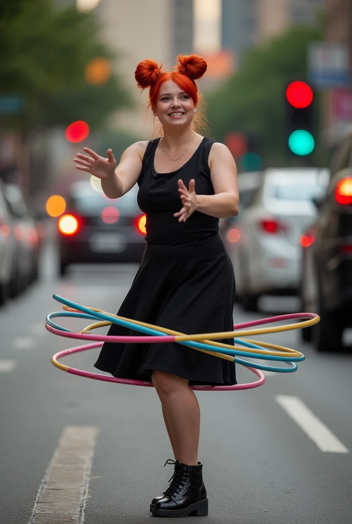 A ROUND girl with red hair tied up in two buns, jupe noir et haut noir qui fait du hulahoop au feu rouge avec 3 hulahoop
Ronde et de dos