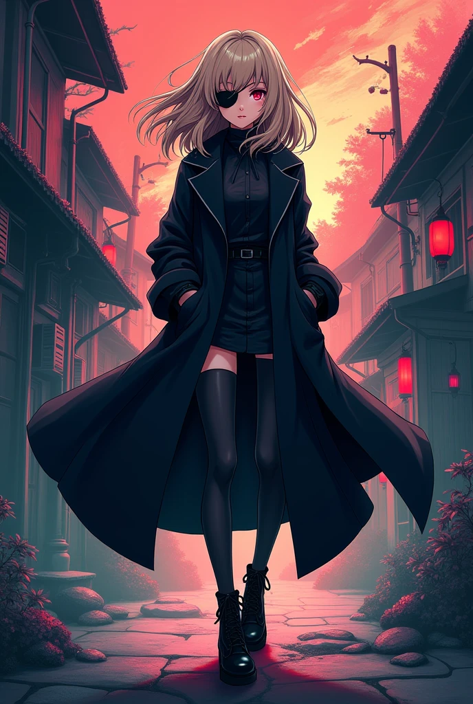 a cartoon image of a woman in a black coat and boots, vector art by Ei-Q, pixiv, shin hanga, full_body!!, !!full body portrait!!, full body!!, anime moe artstyle, gapmoe yandere grimdark, full body!, anime vtuber full body model beige hair with an eyepatch