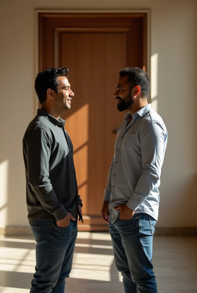 There are two men standing in a room with a door, mohamed chahin, with Judray, Digital image, Photo taken at 2 0 2 0, Dressed the picture, Mohammed calms down, Portrait, Deep image, Clean image, A very clear picture, The picture was taken in 2018, Parabas Miklos and Holosy Simon
