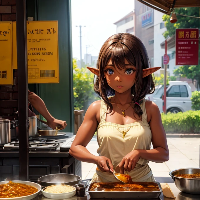 An elf girl with brown skin making curry at a food stall.